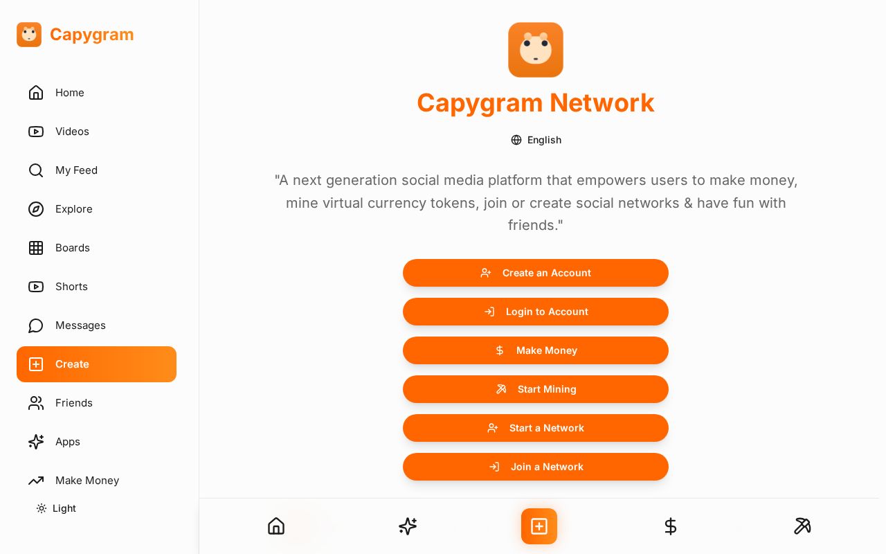 Capygram Network home screen showing mining, network and earning shortcuts