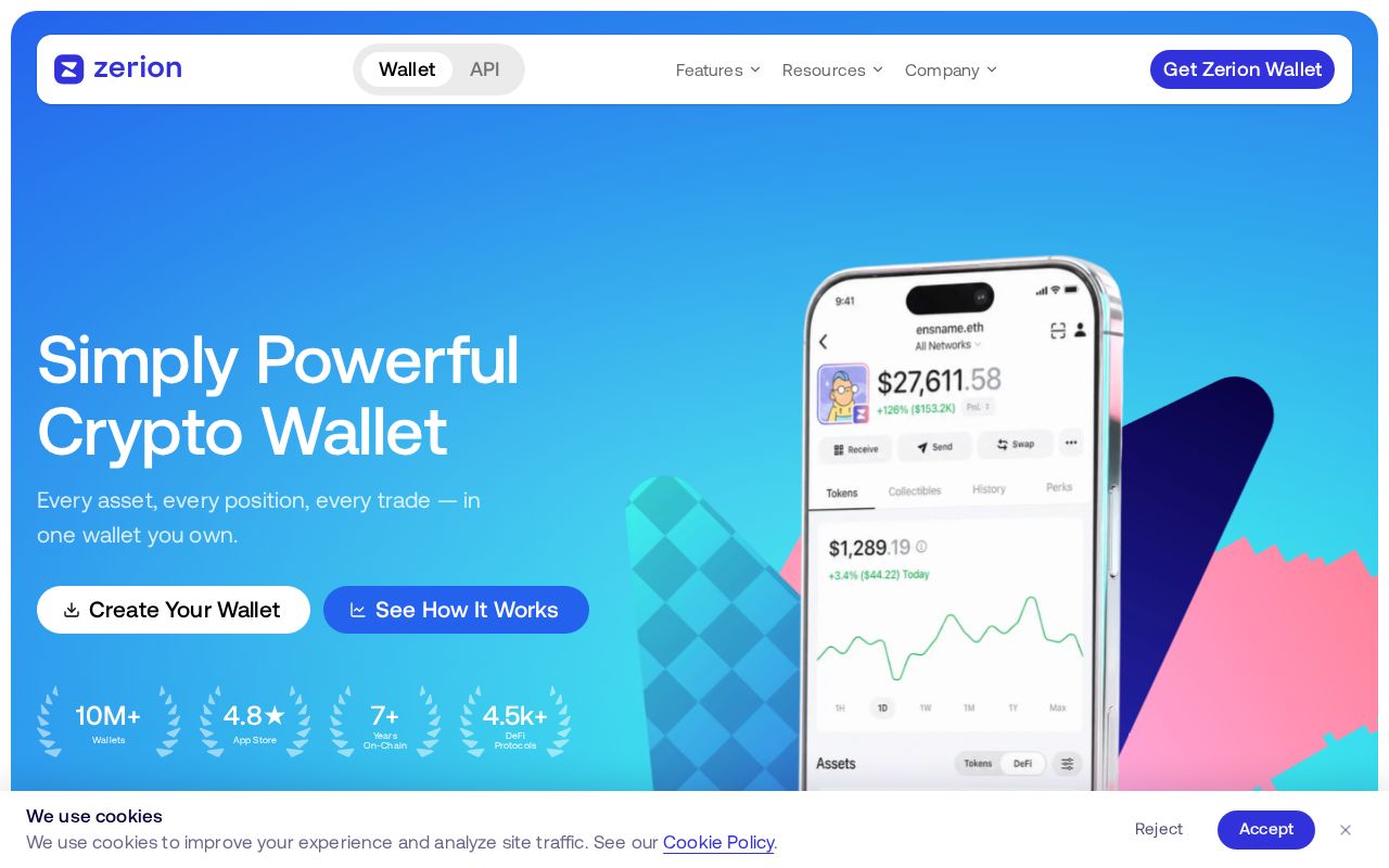 Zerion wallet and portfolio tracker homepage