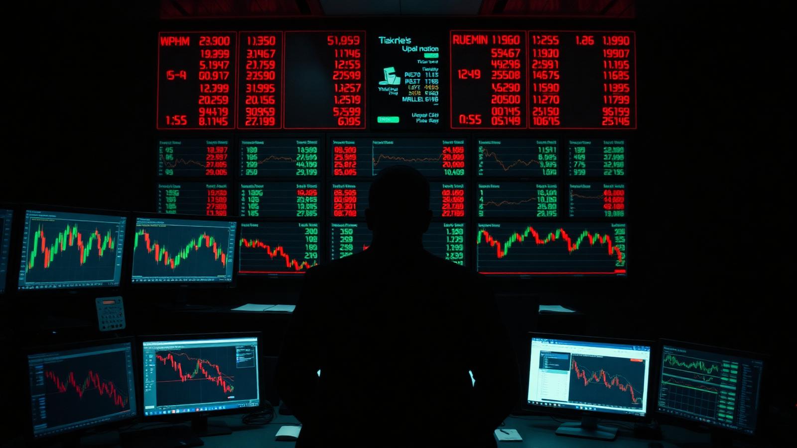 Trading screens on a New York desk during a quiet session. Volatility has compressed as bitcoin holds a tight range.