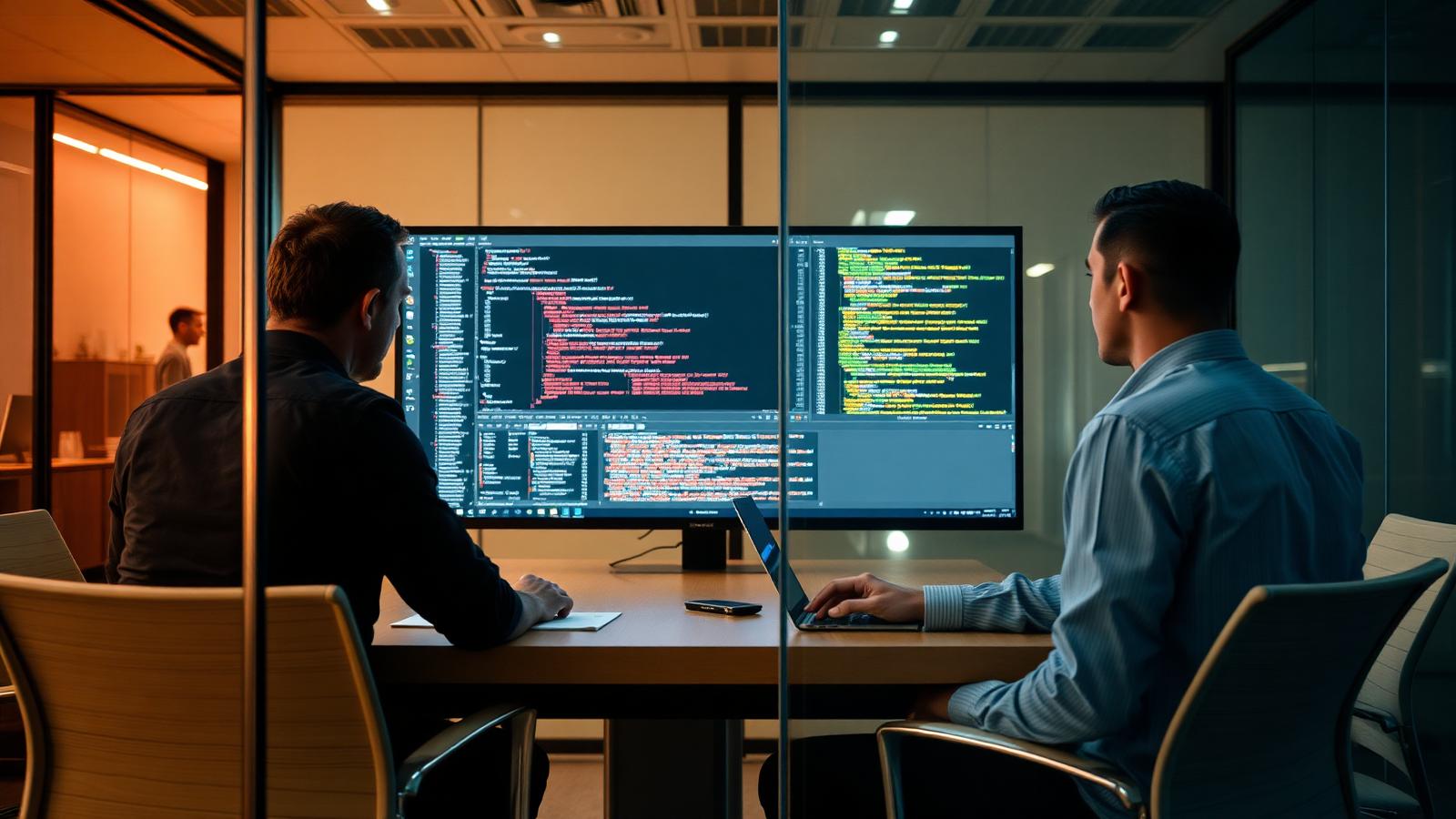 Engineers reviewing contract code. Continuous monitoring has started to displace one-off audits.