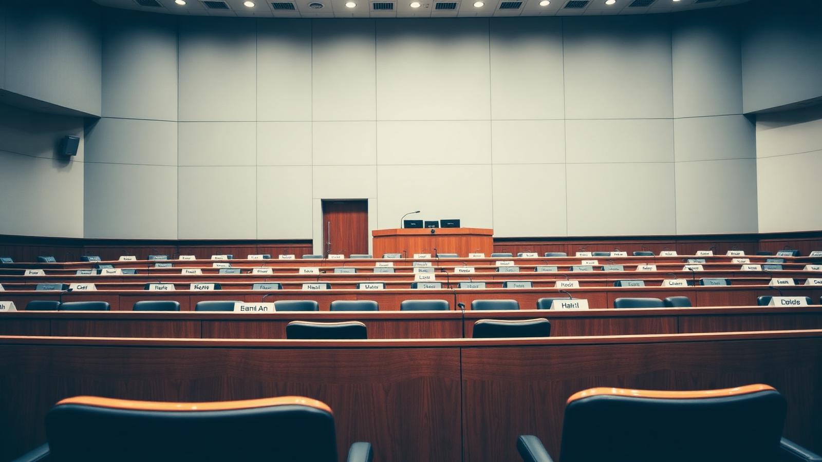 An empty commission hearing room. The Regulation Crypto proposal was pulled hours before the scheduled vote.